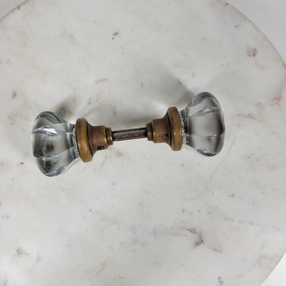 Antique Victorian 8 Point Crystal Door Knob Clear Glass 3 Inch Brass Rod Handle - Picture 7 of 13